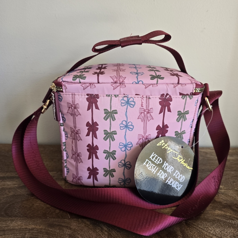 Betsey Johnson Pink Blue Bow Zip Around Insulated Lunch Tote Bag Crossbody - Picture 5 of 6